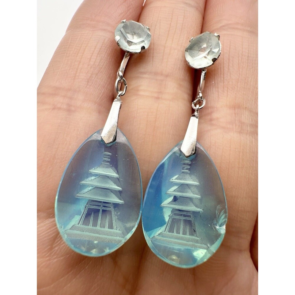 VTG Blue Reverse Cut Crystal Pagoda Earrings Sterling Silver Screw Back READ
